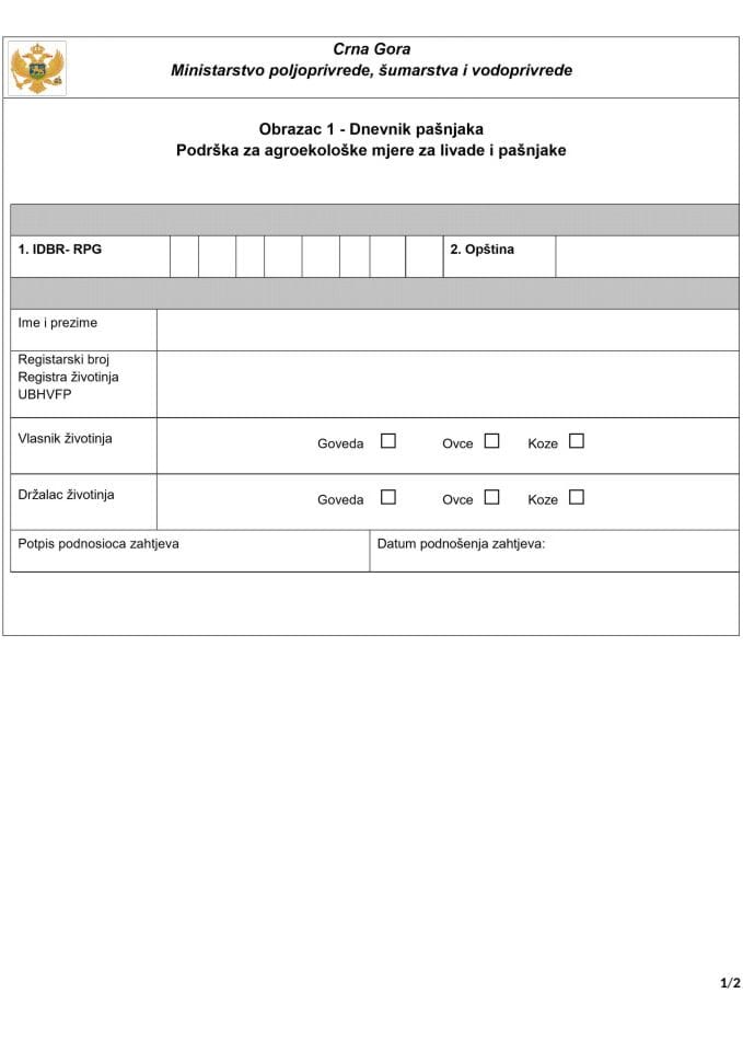 Obrazac 1- Dnevnik pašnjaka 2026