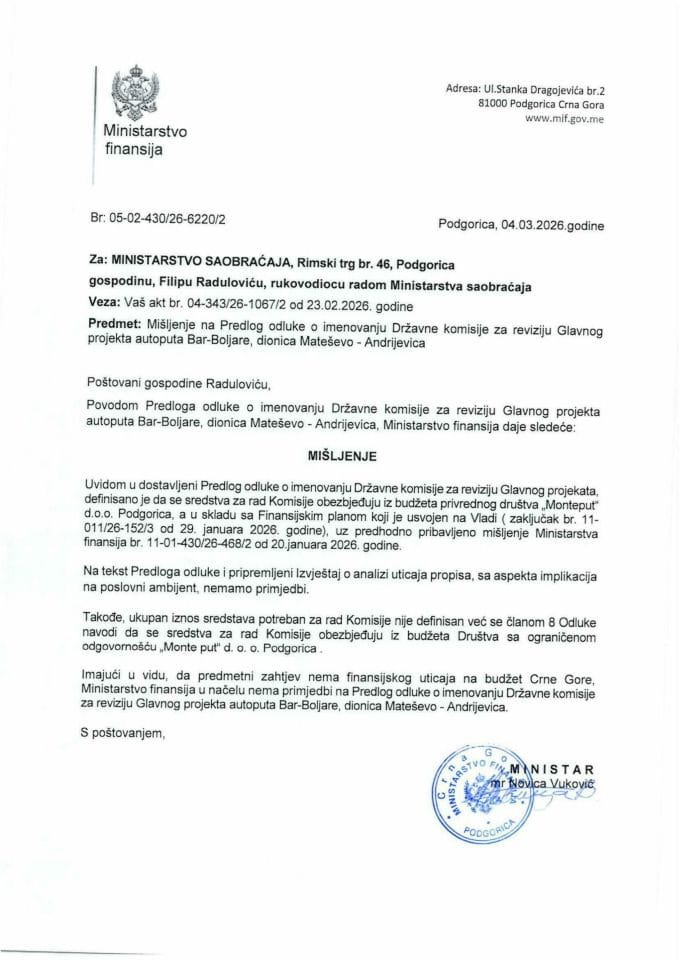 Mišljenje na Predlog odluke o imenovanju Državne komisije za reviziju Glavnog projekta autoputa Bar-Boljare, dionica Mateševo-Andrijevica
