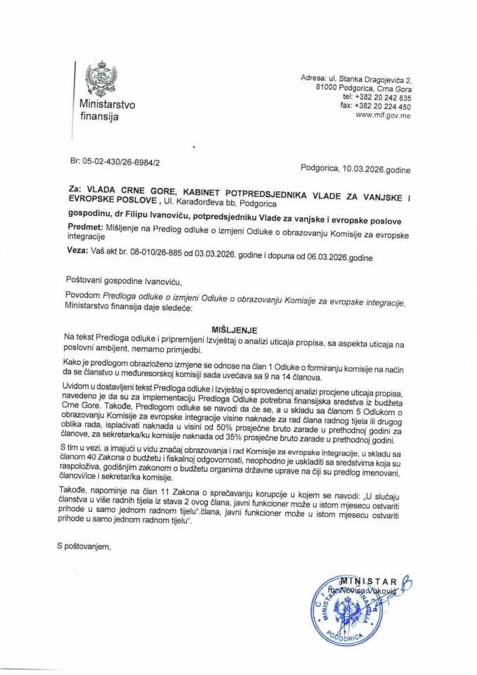 Mišljenje na Predlog odluke o izmjeni Odluke o obrazovanju Komisije za evropske integracije