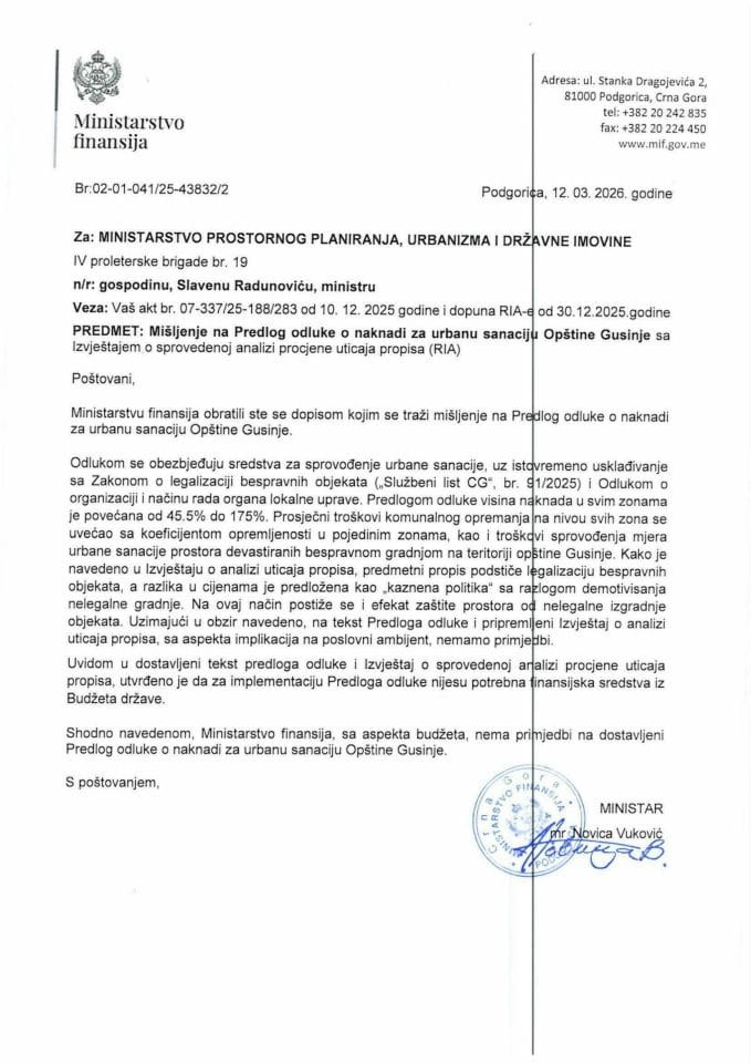 Mišljenje na Predlog odluke o naknadi za urbanu sanaciju Opštine Gusinje