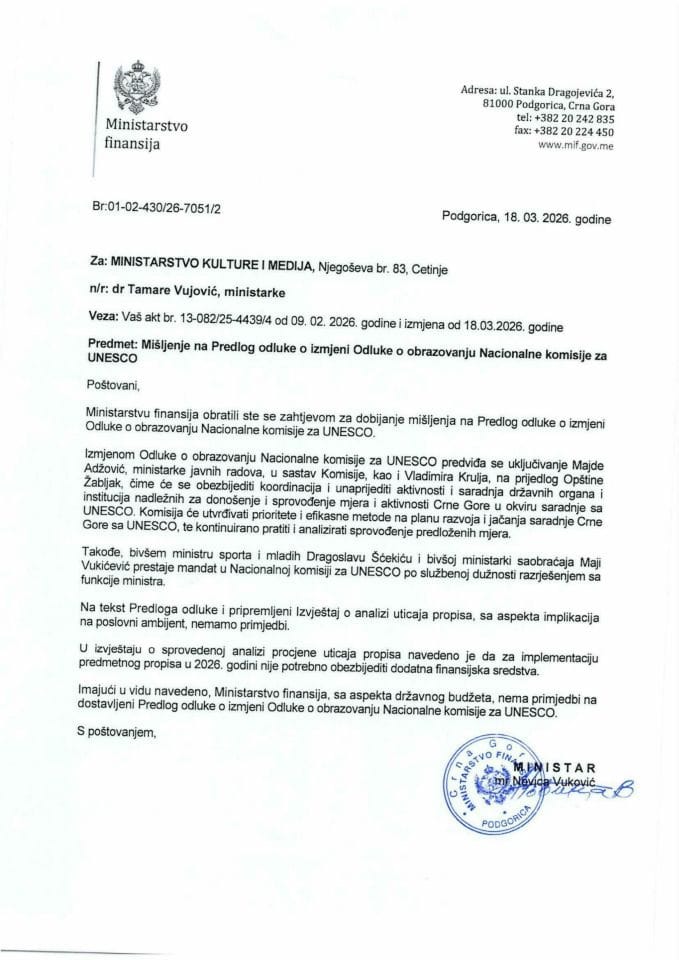 Mišljenje na Predlog odluke o izmjeni Odluke o obrazovanju Nacionalne komisije za UNESCO