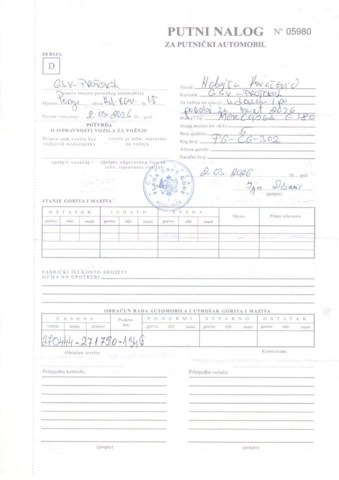 Putni nalozi za korišćenje službenih vozila u periodu od 01.03. do 31.03.2026. godine