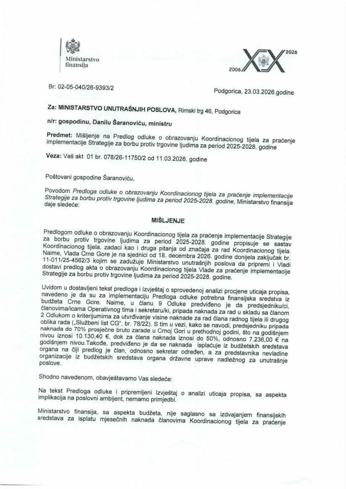 Mišljenje na Predlog odluke o obrazovanju Koordinacionog tijela za praćenje implementacije Strategije za borbu protiv trgovine ljudima za period 2025-2028. godine