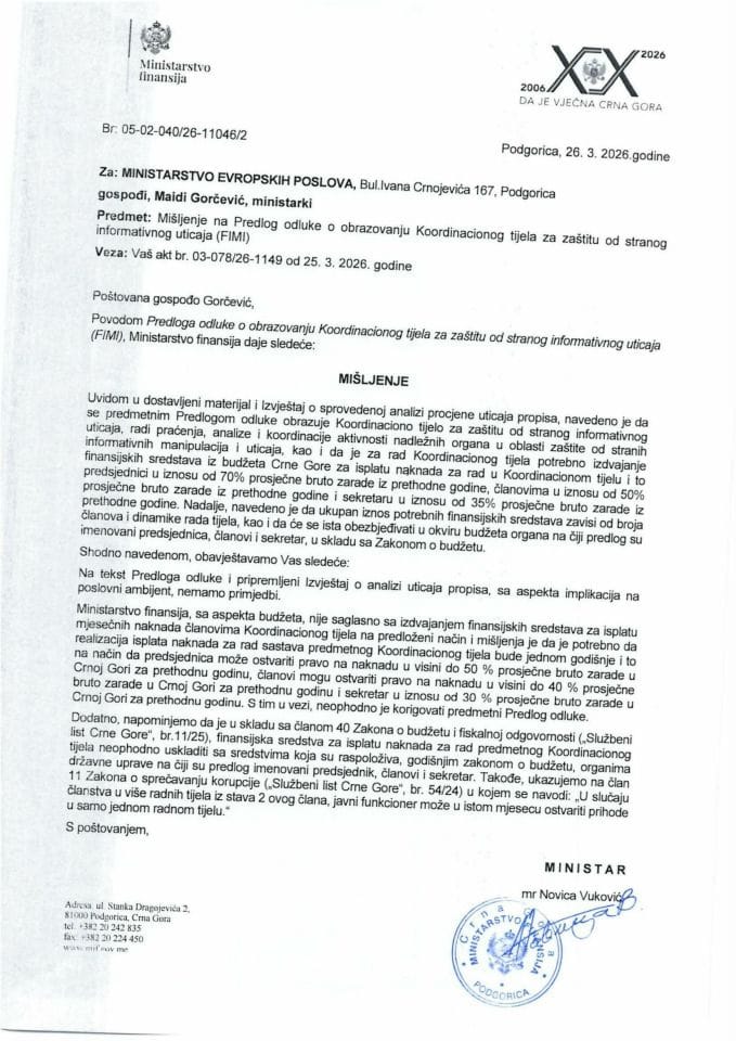 Mišljenje na Predlog odluke o obrazovanju Koordinacionog tijela za zaštitu od stranog informativnog uticaja (FIMI)