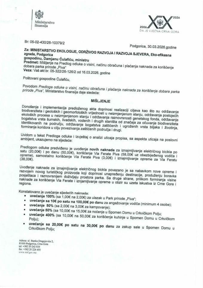 Mišljenje na Predlog odluke o visini, načinu obračuna i plaćanja naknada za korišćenje dobara park prirode Piva