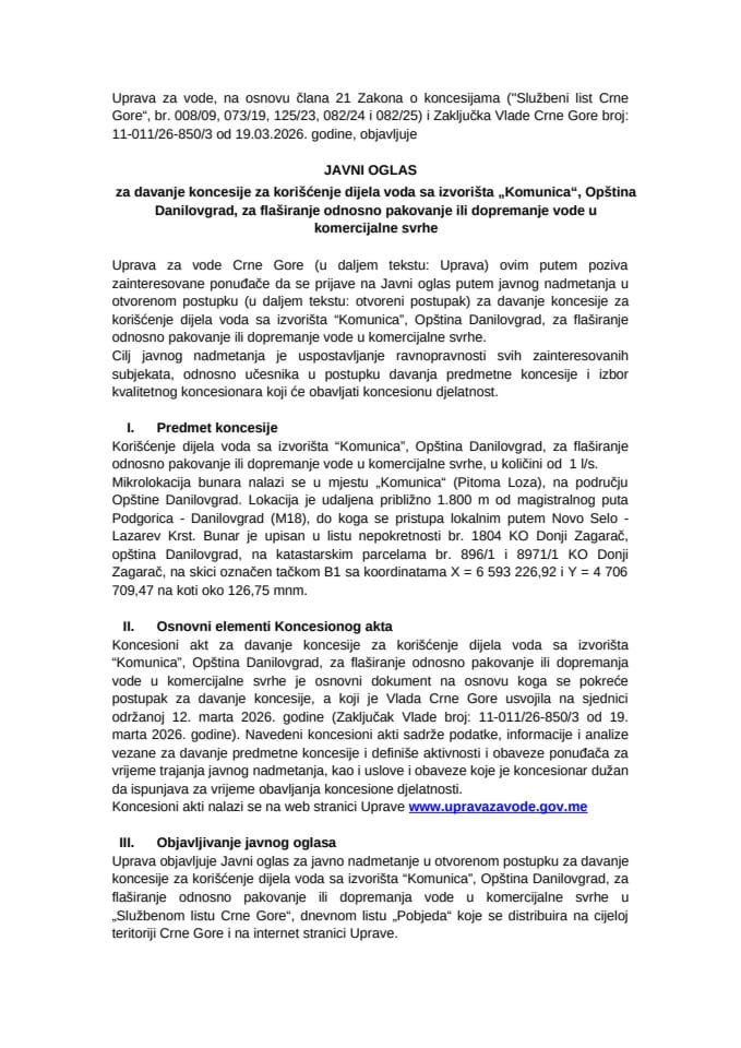 JAVNI OGLAS KOMUNICA-Sl.list