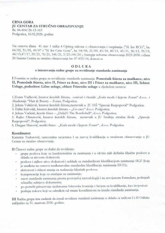 Odluka o formiranju radne grupe sa reviziju SZ iz oblasti frizerskih usluga
