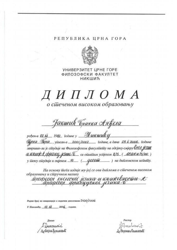 Prof. dr Anđela Jakšić-Stojanović, ministarka prosvjete, nauke i inovacija - obrazovna isprava