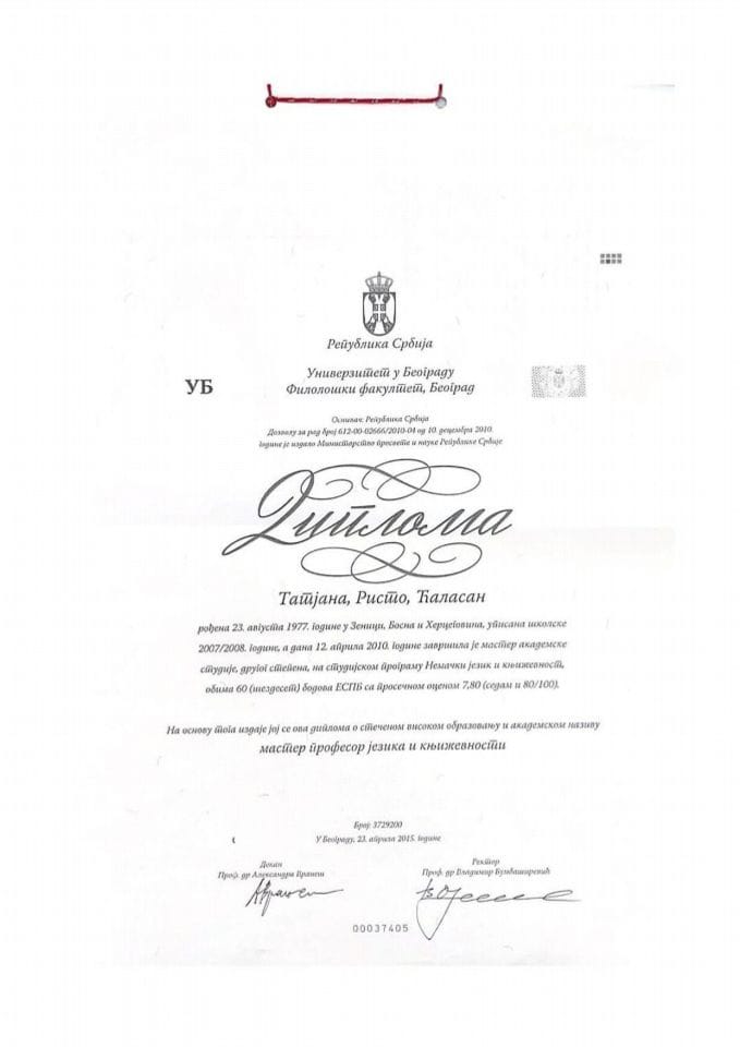 Mr Tatjana Ćalasan, državna sekretarka - obrazovna isprava