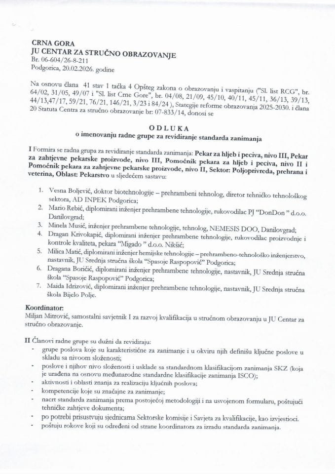 Odluka o formiranju radne grupe za reviziju SZ iz oblasti pekarstva