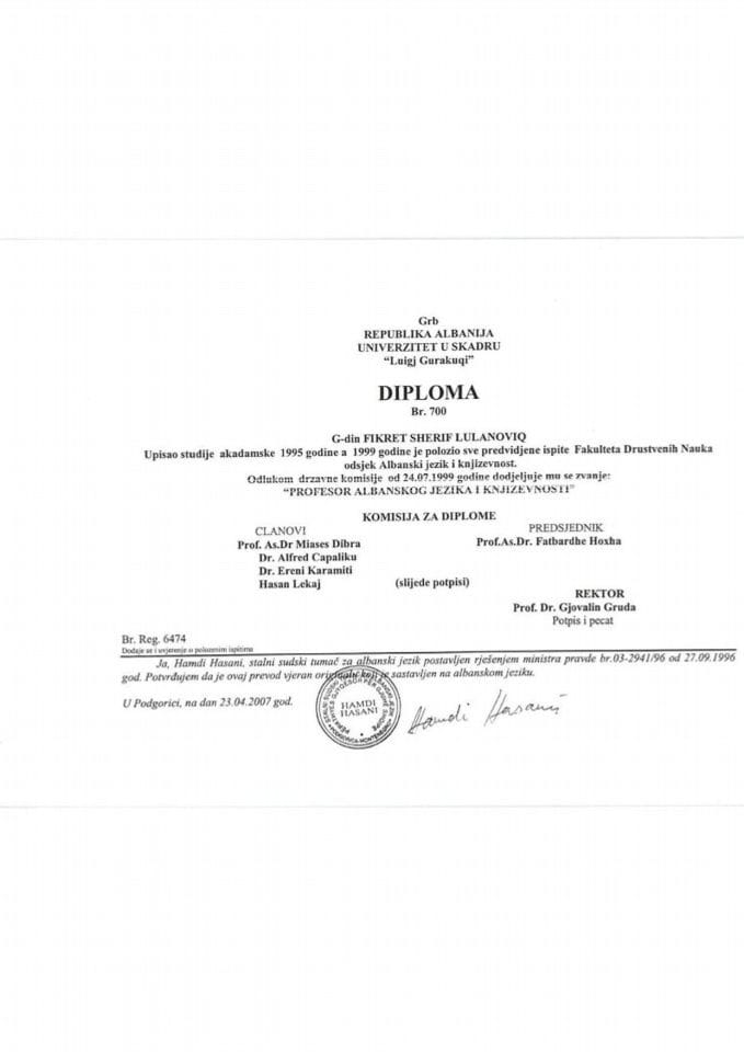 Fikret Lulanaj, državni sekretar - obrazovna isprava