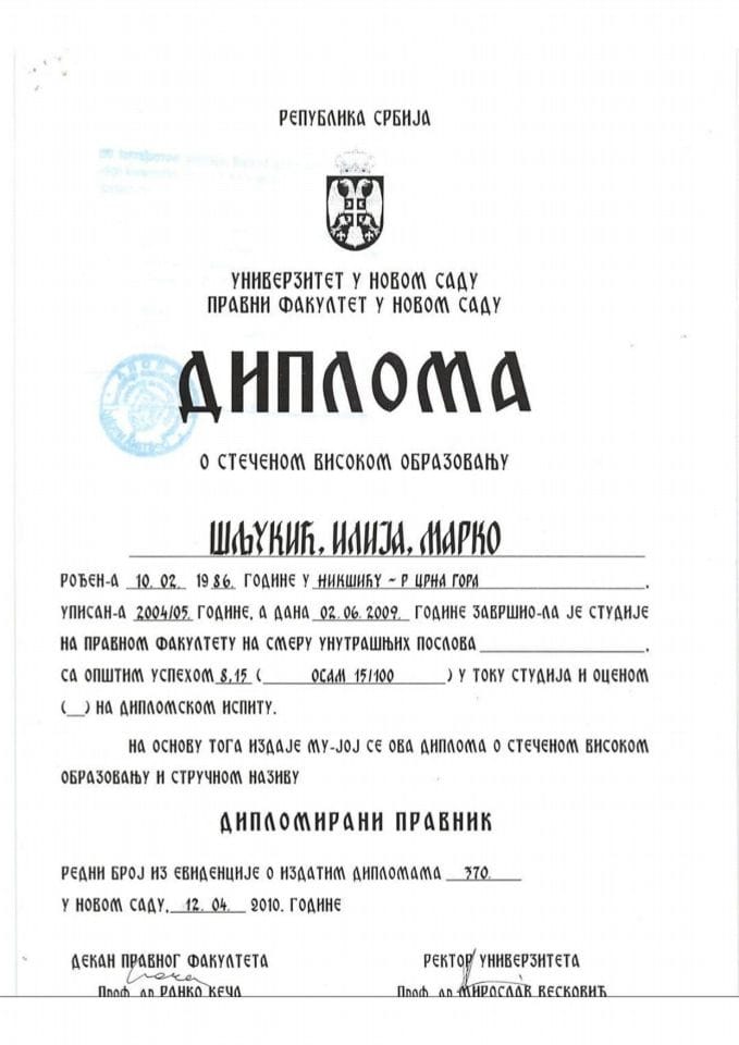 Marko Šljukić, sekretar MPNI - obrazovna isprava