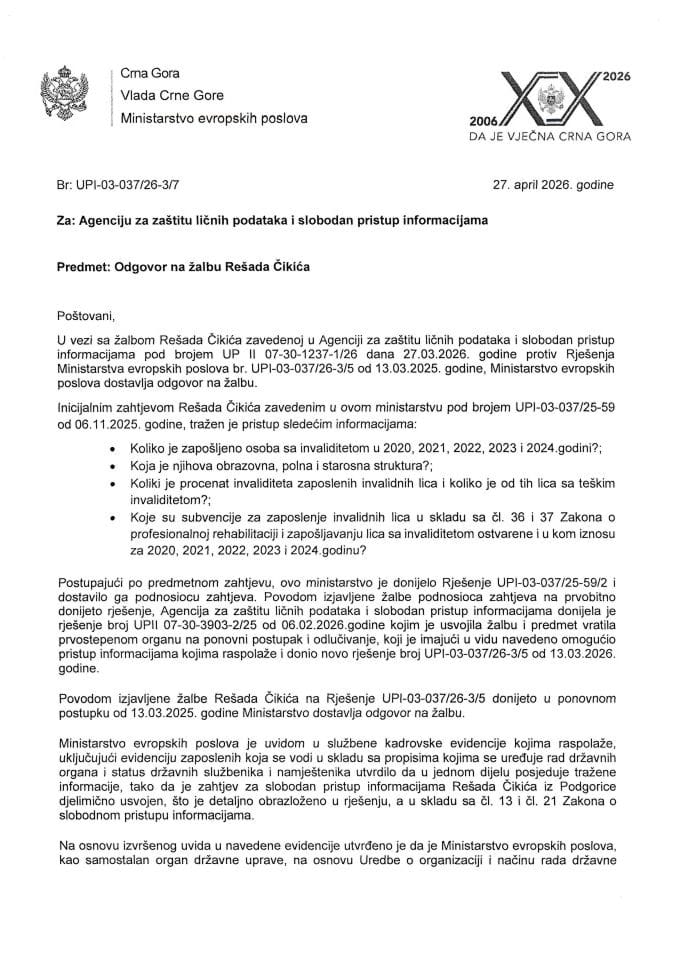 Zahtjev za slobodan pristup informacijama Odgovor na žalbu Rešad Čikić