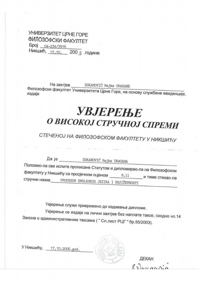 Mr Dragana Ćetković, generalna direktorica Direktorata za visoko obrazovanje i studentski standard - obrazovna isprava