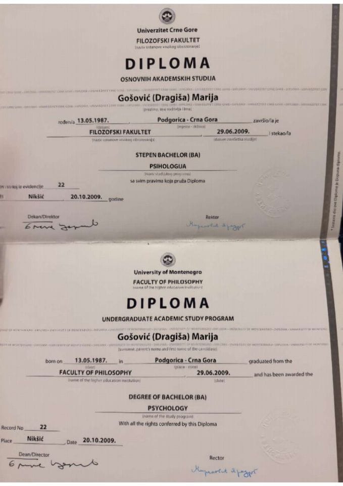 Marija Gošović - generalna direktorica Direktorata za gimnazijsko i stručno obrazovanje - obrazovna isprava