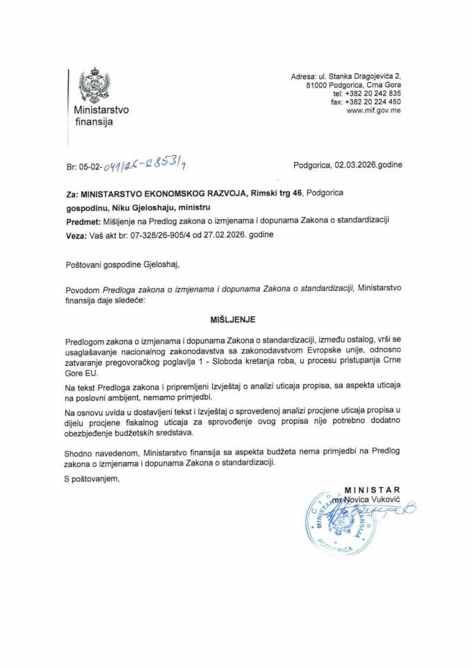Mišljenje na Predlog zakona o izmjenama i dopunama Zakona o standardizaciji