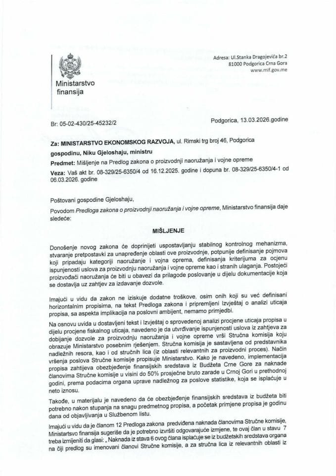 Mišljenje na Predlog zakona o proizvodnji naoružanja i vojne opreme