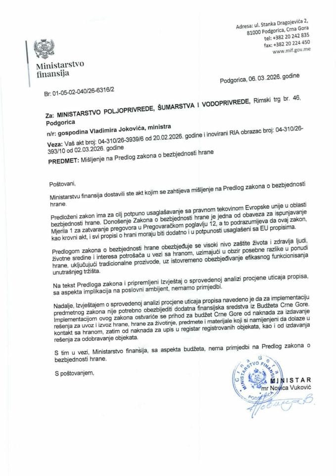 Mišljenje na Predlog zakona o bezbjednosti hrane