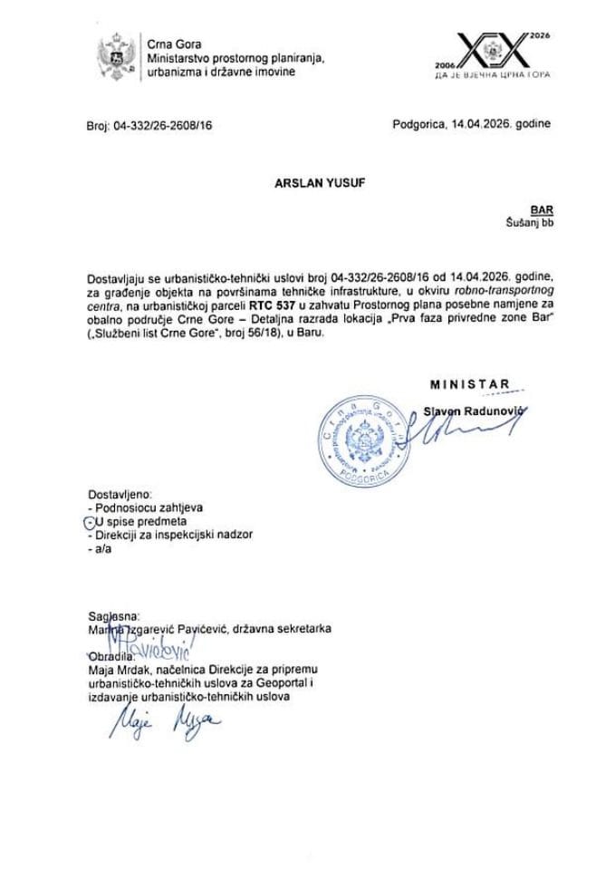 Izdati urbanističko-tehnički uslovi - 04-332-26-2608-16 ARSLAN YUSUF BAR