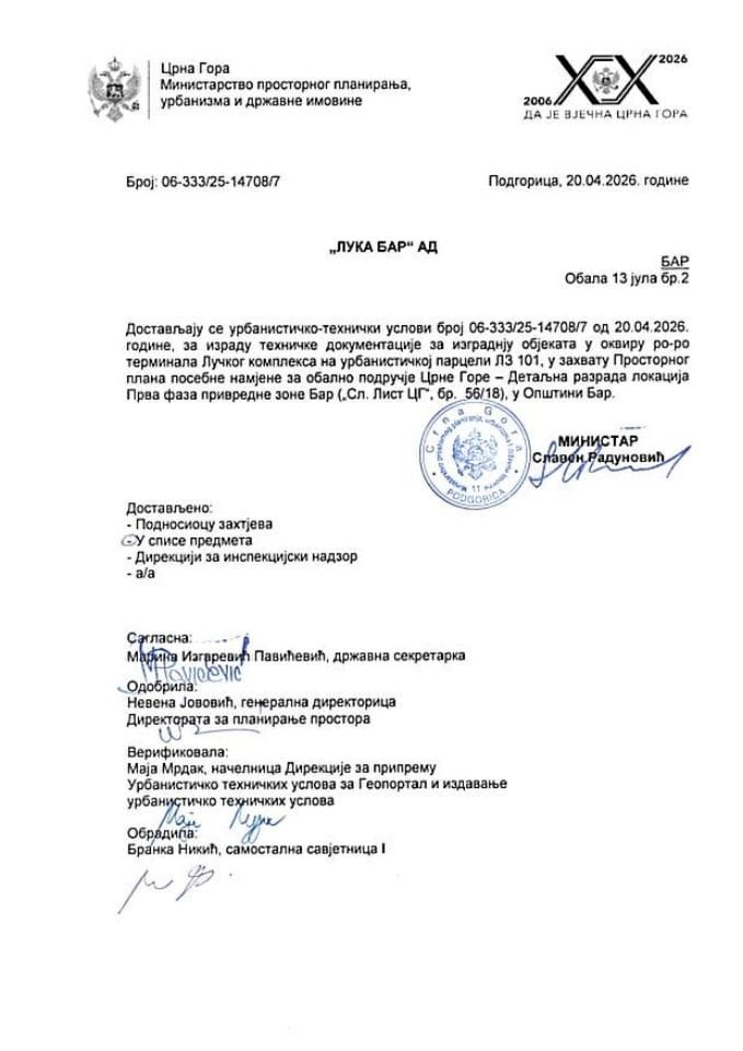 Izdati urbanističko-tehnički uslovi - 06-333-25-14708-7 LUKA BAR AD BAR