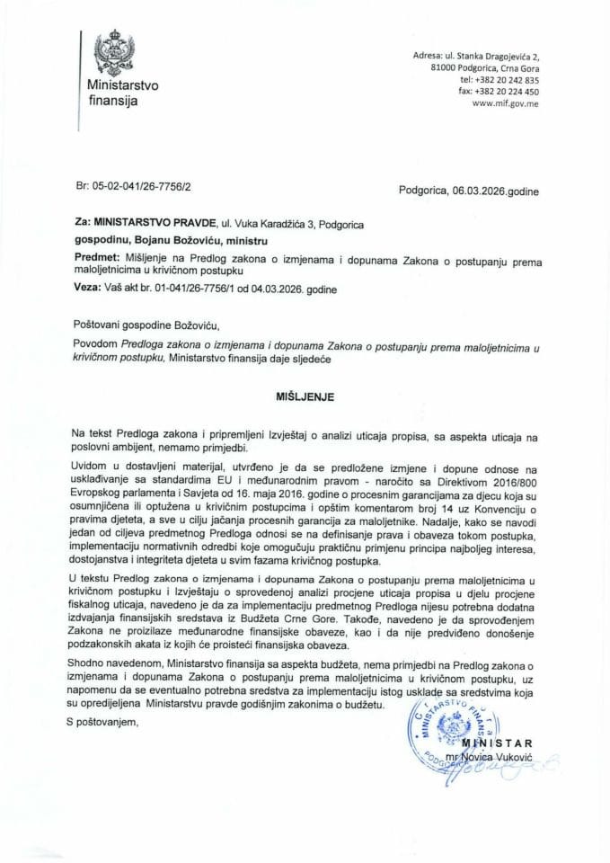 Mišljenje na Predlog zakona o izmjenama i dopunama Zakona o postupanju prema maloljetnicima u krivičnom postupku