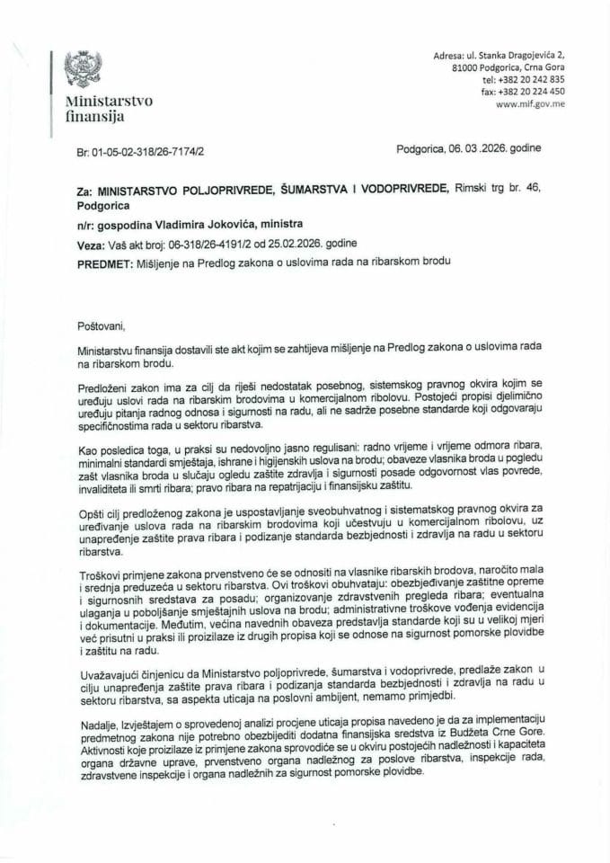Mišljenje na Predlog zakona o uslovima rada na ribarskom brodu