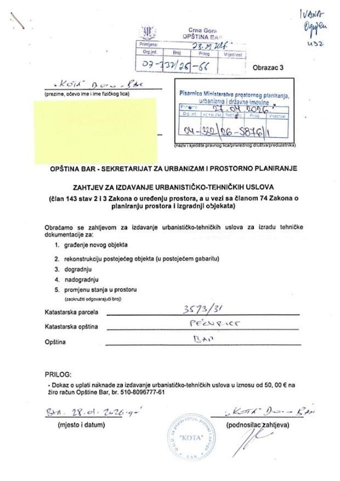 Zahtjevi za izdavanje urbanističko tehničkih uslova - 04-332-26-5876-1 KOTA D.O.O. BAR