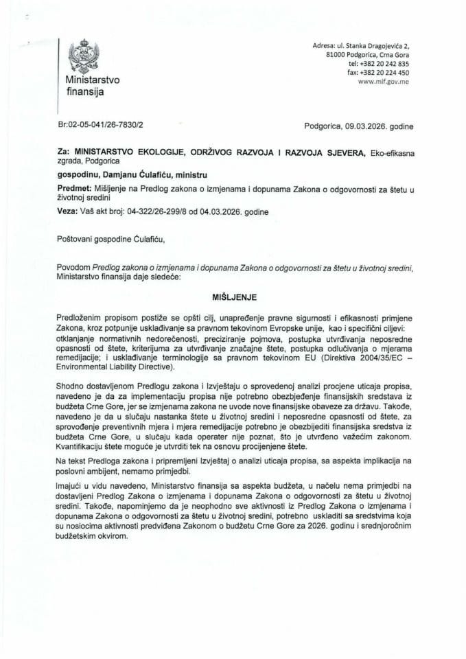 Mišljenje na Predlog zakona o izmjenama i dopunama Zakona o odgovornosti za štetu u životnoj sredini