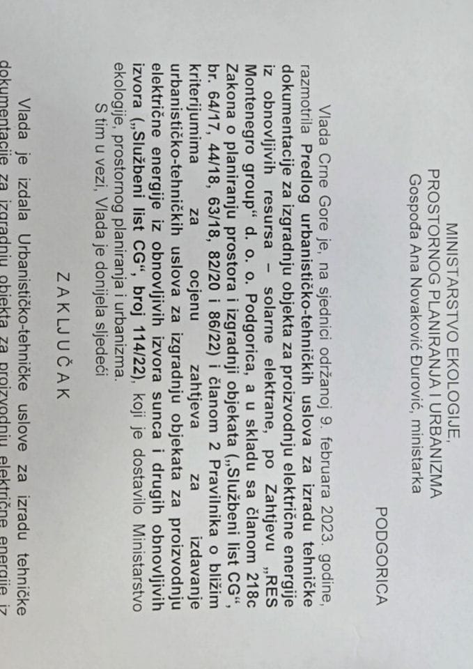 Izdati urbanističko-tehnički uslovi - 01-010-23-1322-2 RES Montenegro Group doo