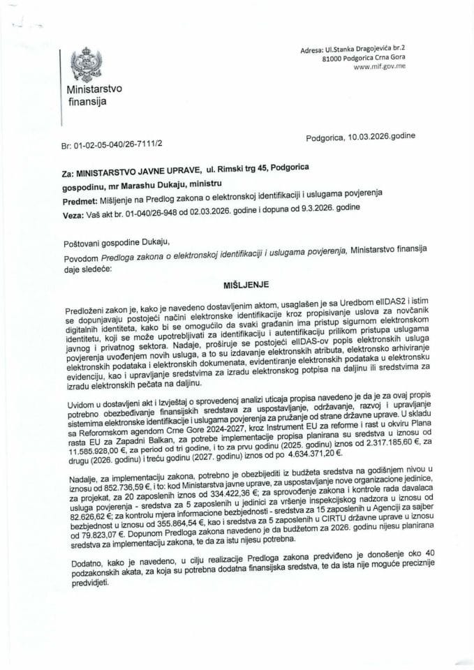 Mišljenje na Predlog zakona o elektronskoj identifikaciji i uslugama povjerenja