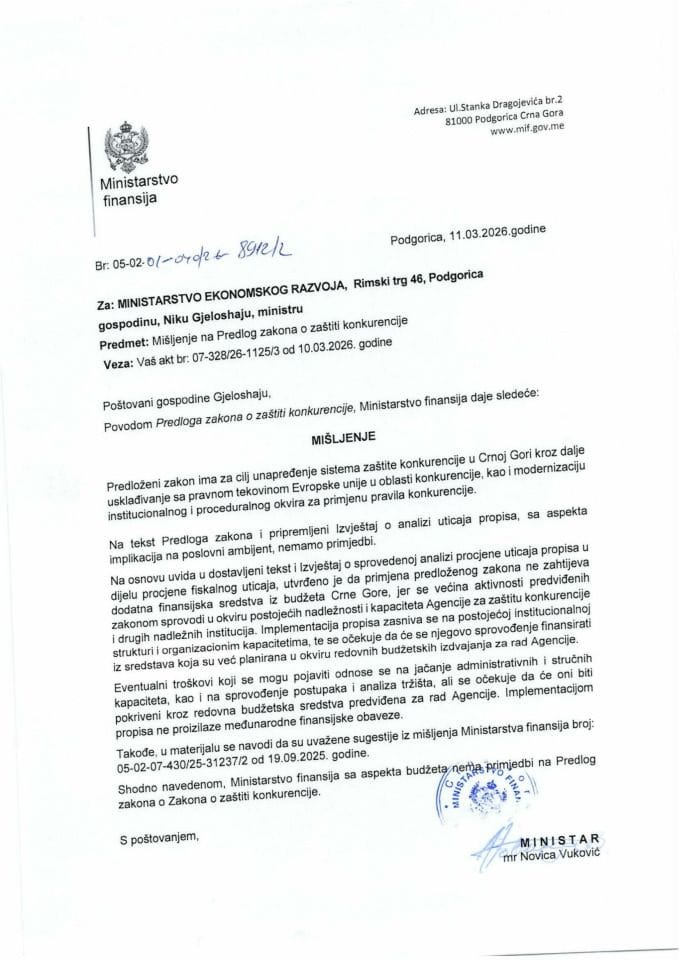 Mišljenje na Predlog zakona o zaštiti konkurencije