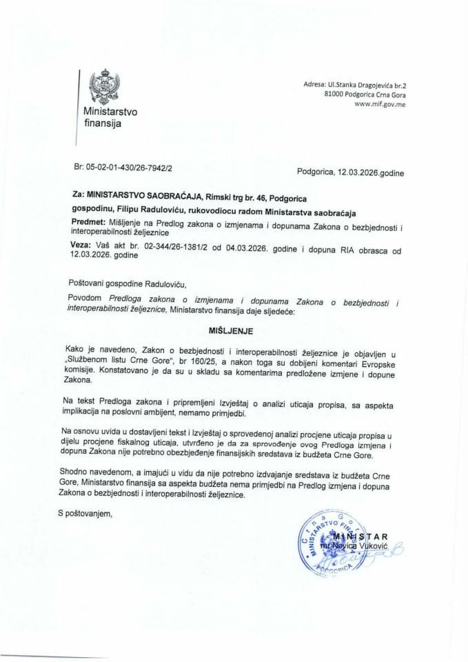 Mišljenje na Predlog zakona o izmjenama i dopunama Zakona o bezbjednosti i interoperabilnosti željeznice