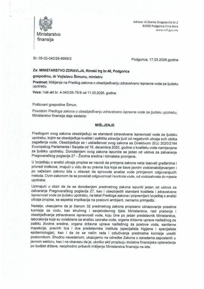 Mišljenje na Predlog zakona o obezbjeđivanju zdravstevno ispravne vode za ljudsku upotrebu