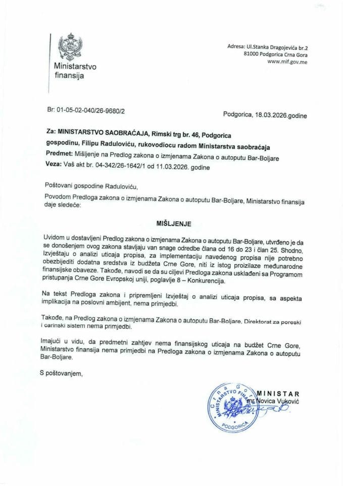 Mišljenje na Predlog zakona o izmjenama Zakona o autoputu Bar-Boljare