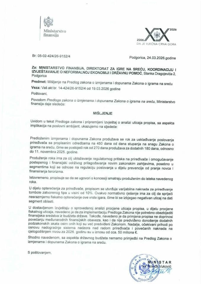Mišljenje na Predlog zakona o izmjenama i dopunama Zakona o igrama na sreću