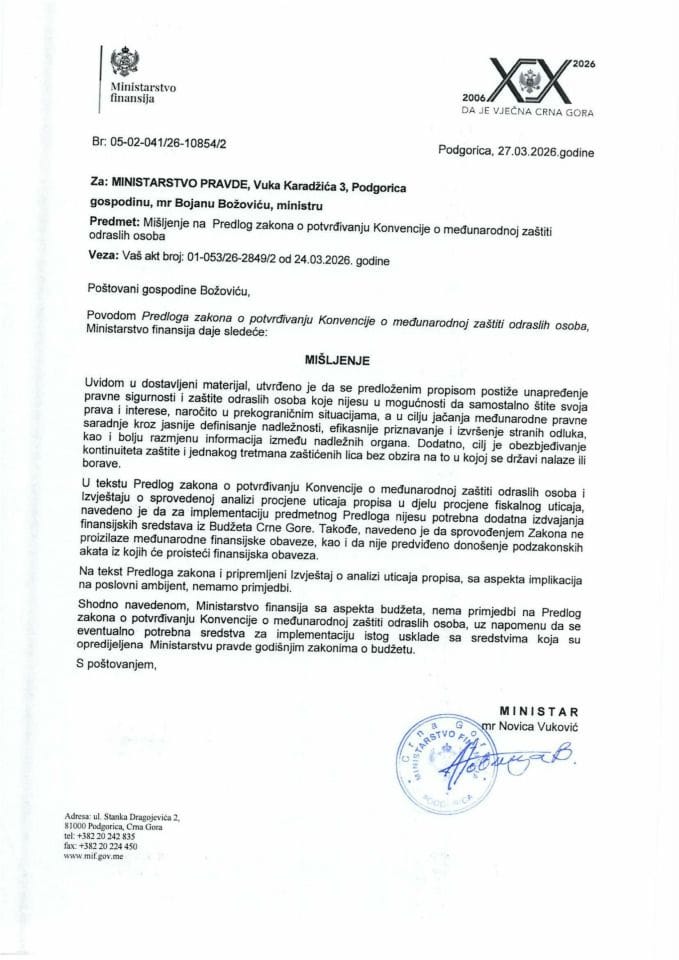 Mišljenje na Predlog zakona o potvrđivanju Konvencije o međunarodnoj zaštiti odraslih osoba
