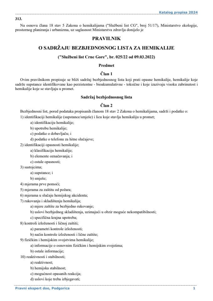 Pravilnik o sadržaju bezbjednosnog lista za hemikalije