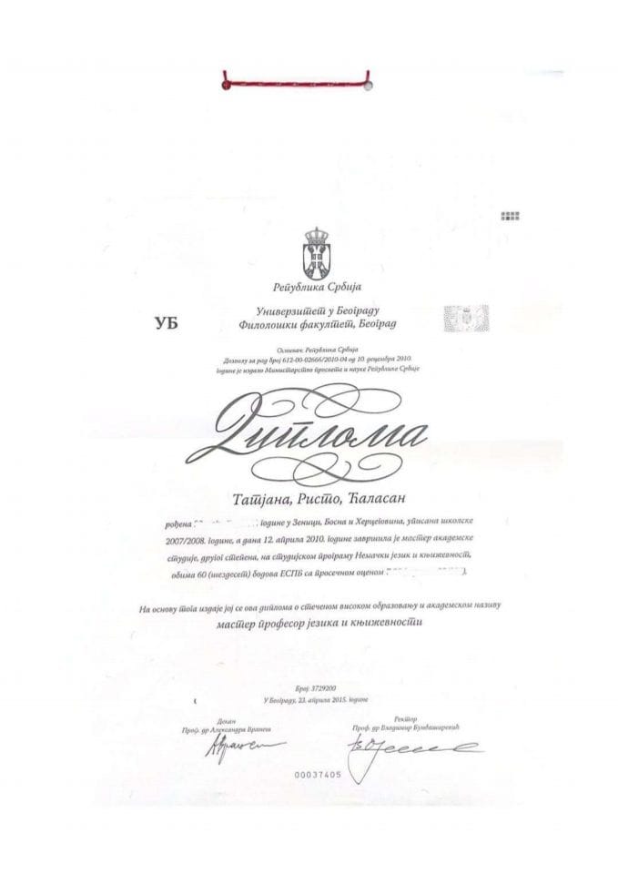 Mr Tatjana Ćalasan, državna sekretarka u MPNI - obrazovna isprava