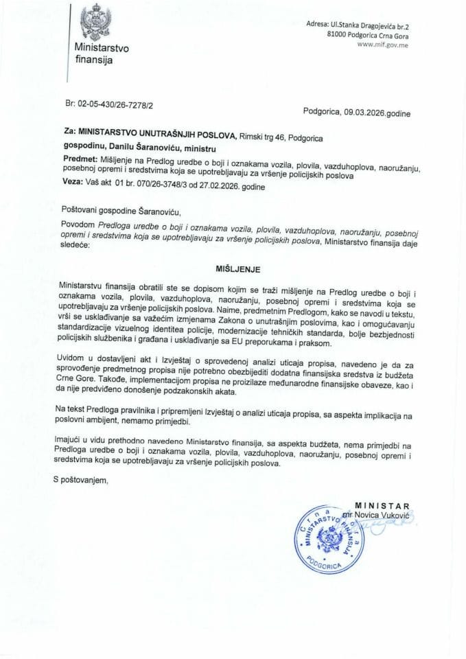 Mišljenje na Predlog uredbe o boji i oznakama vozila, plovila, vazduhoplova, naoružanju, posebnoj opremi i sredstvima koja se upotrebljavaju za vršenje policijskih poslova