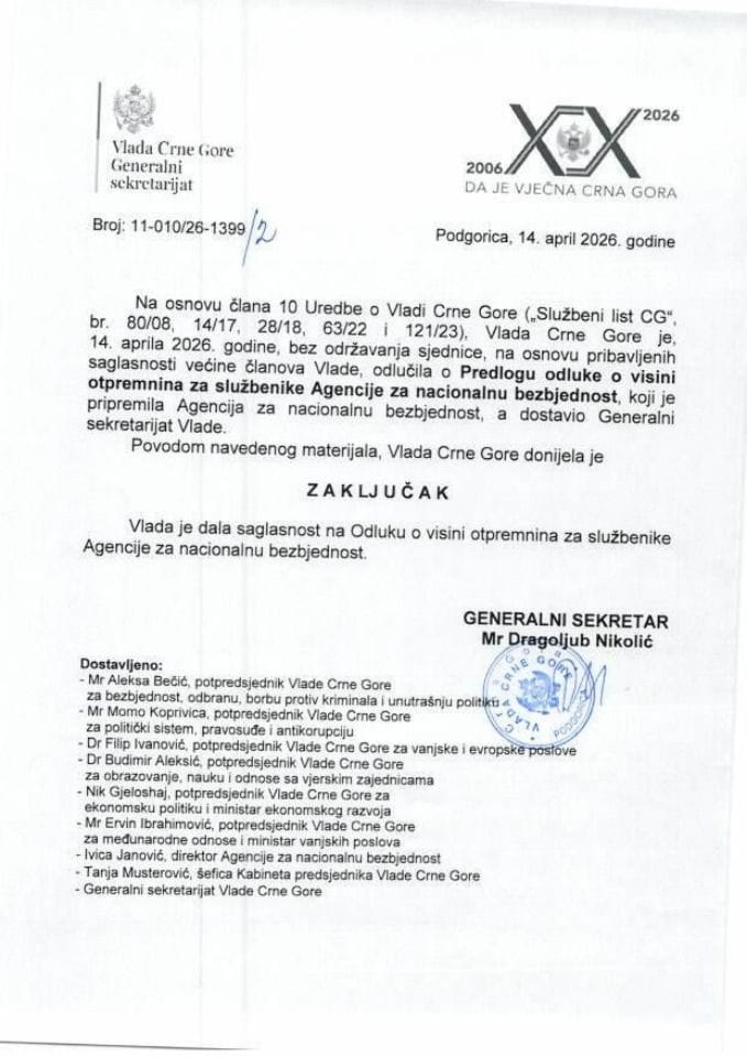 Predlog odluke o visini otpremnina za službenike Agencije za nacionalnu bezbjednost - Zaključci