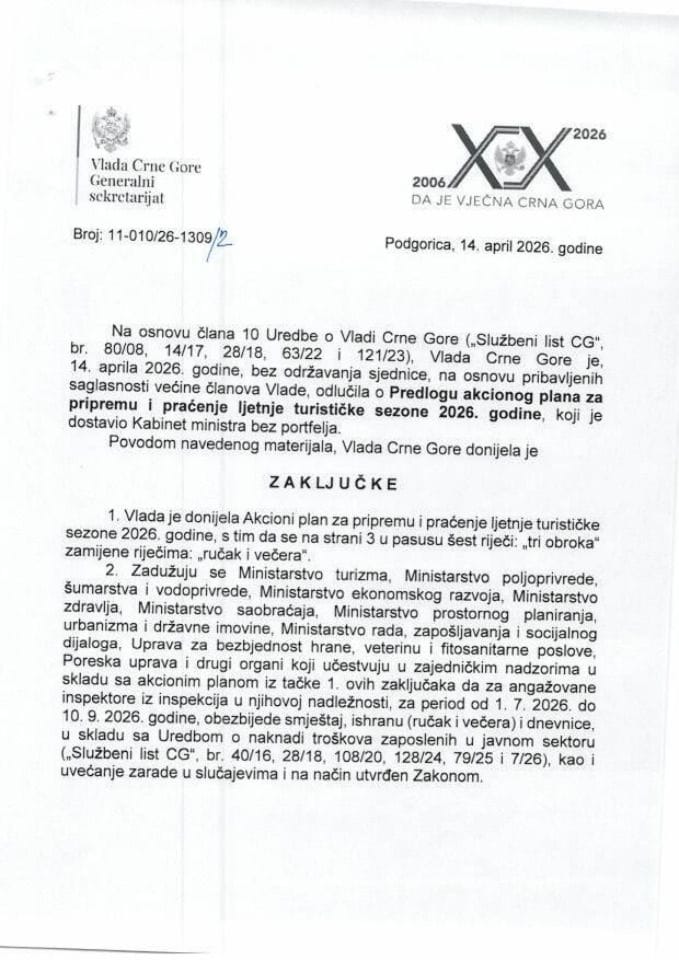 Predlog akcionog plana za pripremu i praćenje ljetnje turističke sezone 2026. godine  -Zaključci