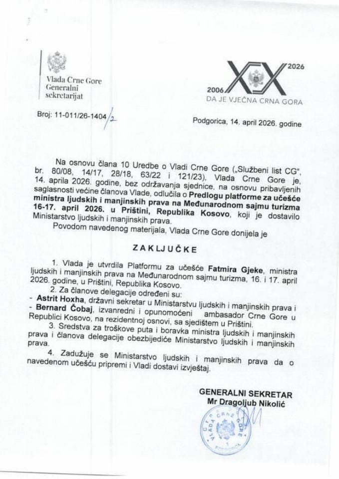 Predlog platforme za učešće ministra ljudskih i manjinskih prava Fatmira Gjeke na Međunarodnom sajmu turizma, 16-17. april 2026. godine, u Prištini, Republika Kosovo - Zaključci