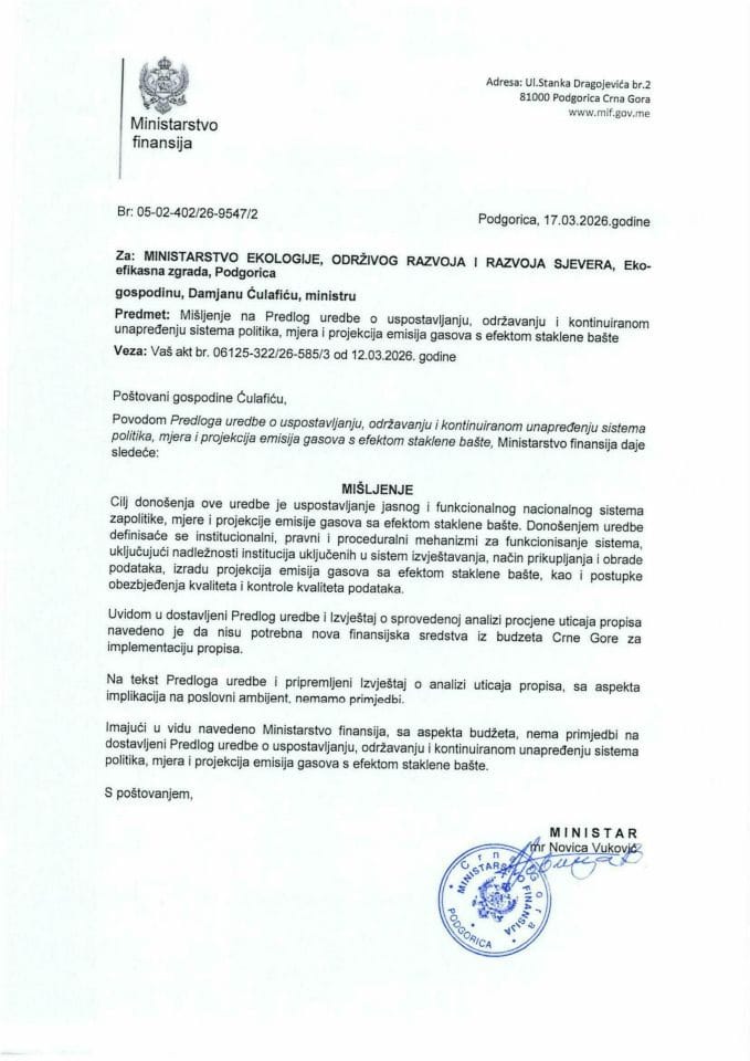 Mišljenje na Predlog uredbe o uspostavljanju, održavanju i kontinuiranom unapređenju sistema politika, mjera i projekcija emisija gasova s efektom staklene bašte
