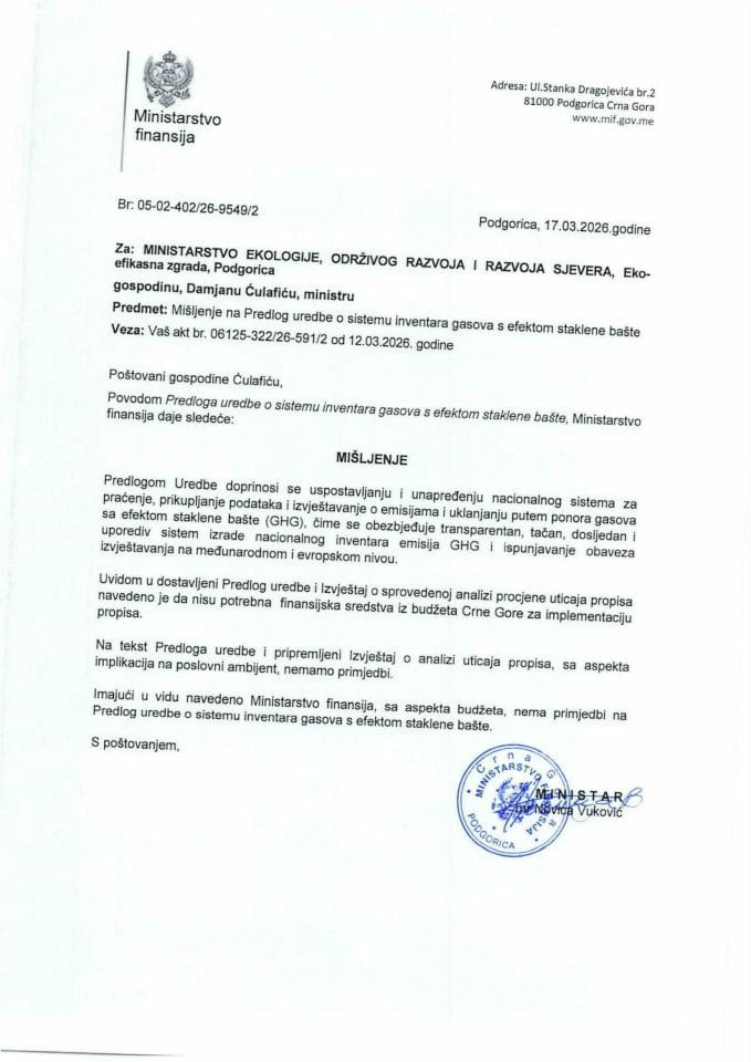 Mišljenje na Predlog uredbe o sistemu invetara gasova s efektom staklene bašte