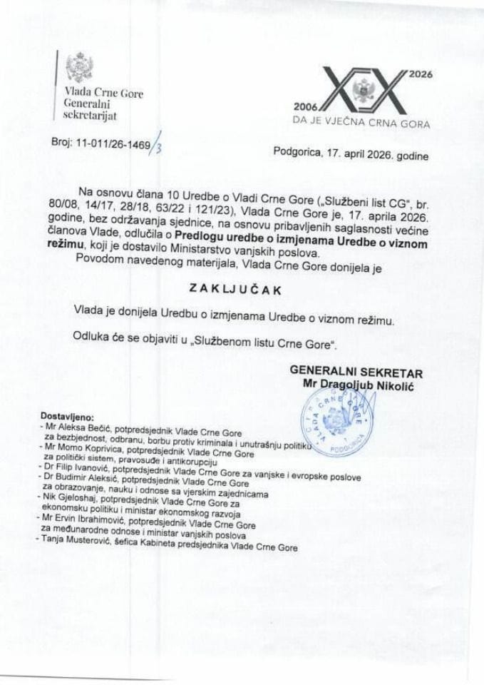 Predlog uredbe o izmjeni Uredbe o viznom režimu - Zaključci