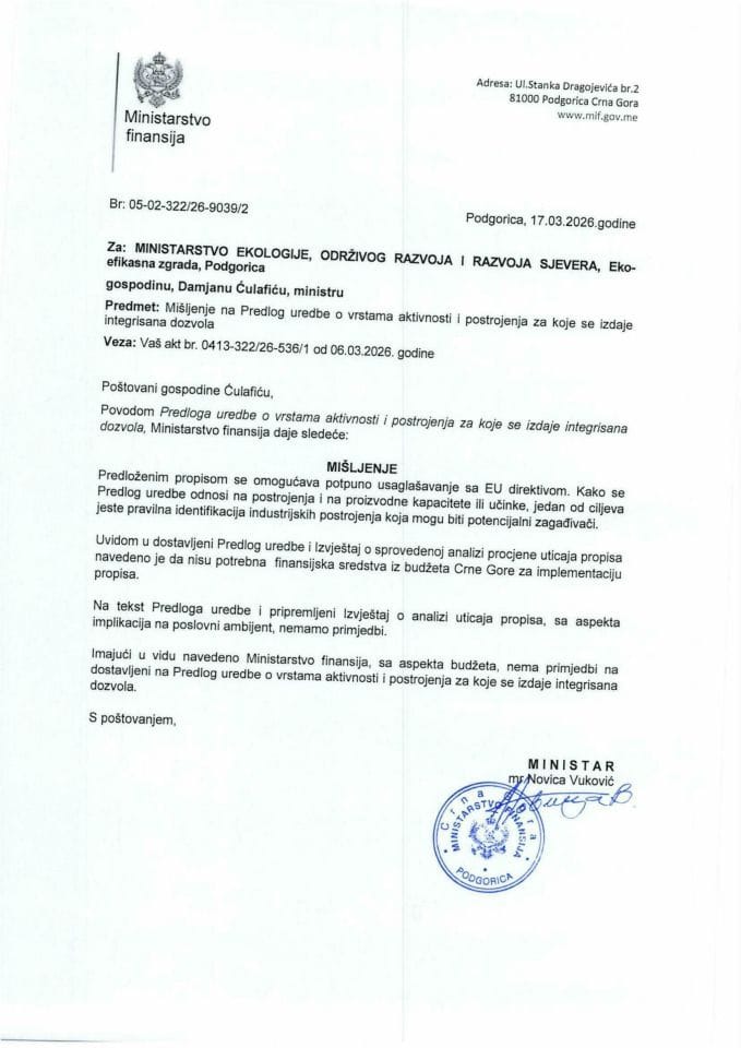 Mišljenje na Predlog uredbe o vrstama aktivnosti i postrojenja za koje se izdaje integrisana dozvola