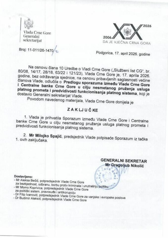 Predlog sporazuma između Vlade Crne Gore i Centralne banke Crne Gore u cilju nesmetanog pružanja usluga platnog prometa i predvidivosti funkcionisanja platnog sistema - Zaključci