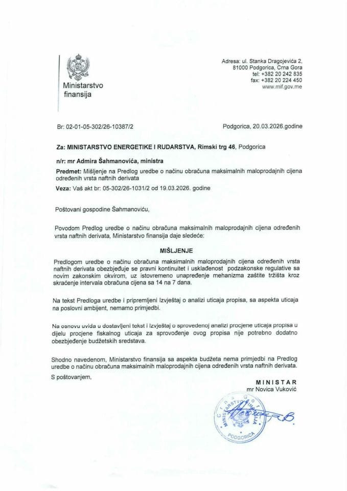Mišljenje na Predlog uredbe o načinu obračuna maksimalnih maloprodajnih cijena određenih vrsta naftnih derivata