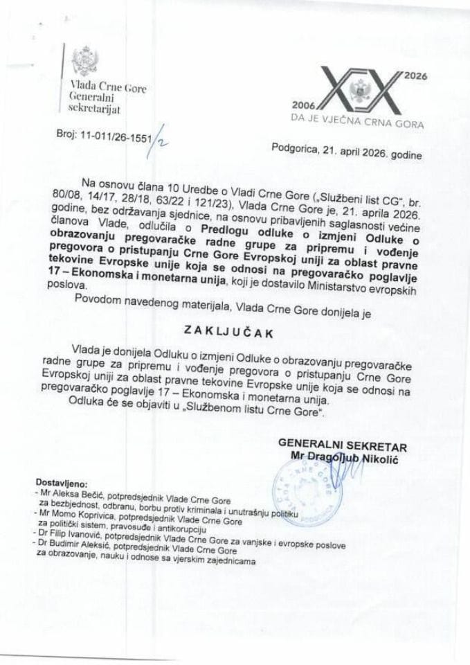 Predlog odluke o izmjeni Odluke o obrazovanju pregovaračke radne grupe za pripremu i vođenje pregovora o pristupanju Crne Gore Evropskoj uniji za oblast pravne tekovine Evropske unije koja se odnosi na pregovaračko poglavlje 17 - Zaključci