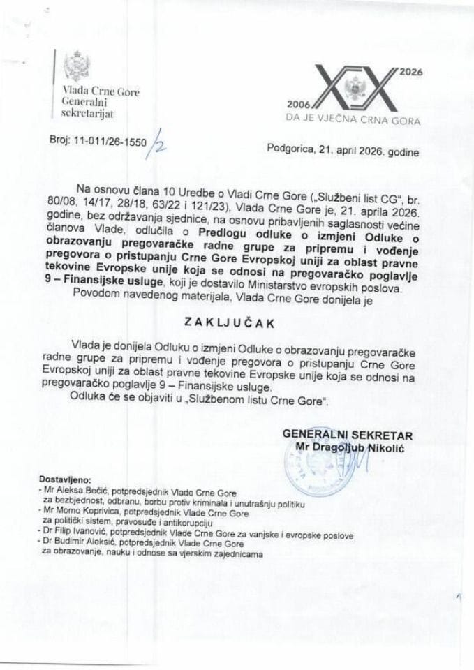 Predlog odluke o izmjeni Odluke o obrazovanju pregovaračke radne grupe za pripremu i vođenje pregovora o pristupanju Crne Gore Evropskoj uniji za oblast pravne tekovine Evropske unije koja se odnosi na pregovaračko poglavlje 9 - Zaključci